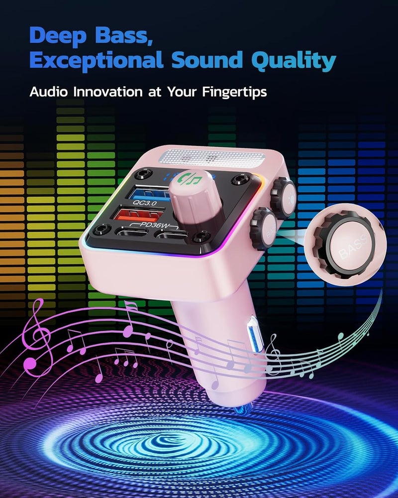 nulaxy 54W Bluetooth 5.3 Car Adapter with 4 Charging Ports [PD 36W & QC3.0 18W], Wireless Radio FM Transmitter with Deep Bass Player & 5 Colors LED Backlit, Hands-Free Calling - Pink - Image 4